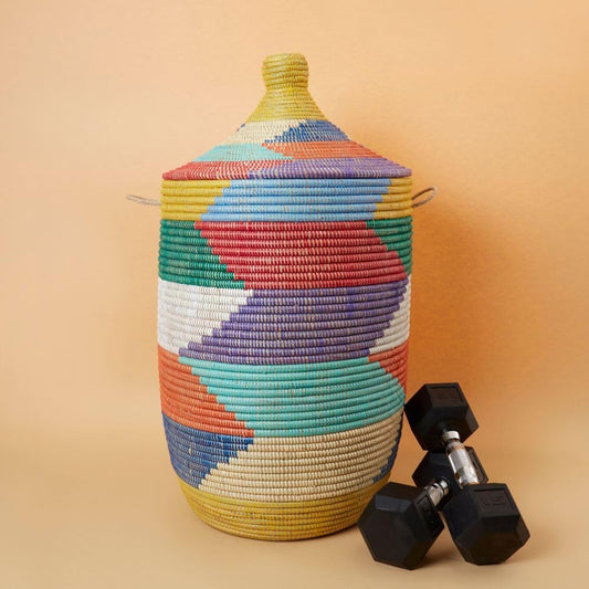 Large Wicker Basket for Storage, Colorful Round African Woven Basket, 18" W x 30" H