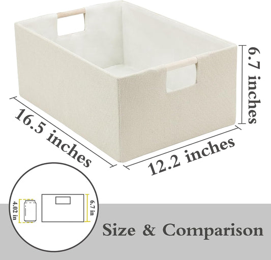 Foldable Fabric Storage Cubes, 2 Packs Cloth Storage Baskets with Wooden Handles, Collapsible Shelf Closet Organizer Bins, Rectangular Storage Boxes for Decor (Beige 2 Pack)