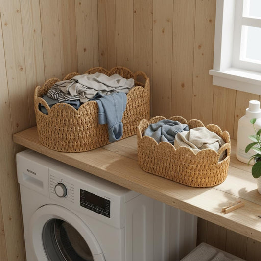 Coeusy Paper Rope Scalloped Basket Set of 2, Wicker Storage Baskets for Shelves,Gifts,Books,Toys,Cute Decor Rattan Baskets for Organizing,Natural Color