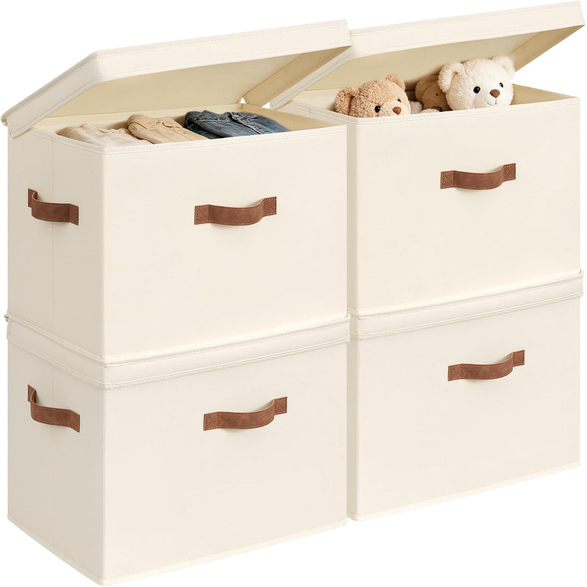 CHICVITA 4-Pack Medium Fabric Storage Baskets with Lids for Shelves,Ivory