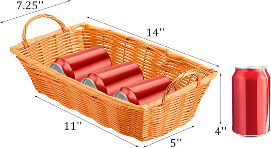 Yesland 6 Pcs Poly Wicker Bread Basket with Handle, 14 Inch Rectangular Imitation Rattan Fruit Storage Baskets - Stackable Empty Gift Basket for Vegetables, Food Serving, Display, Outdoor, Orange