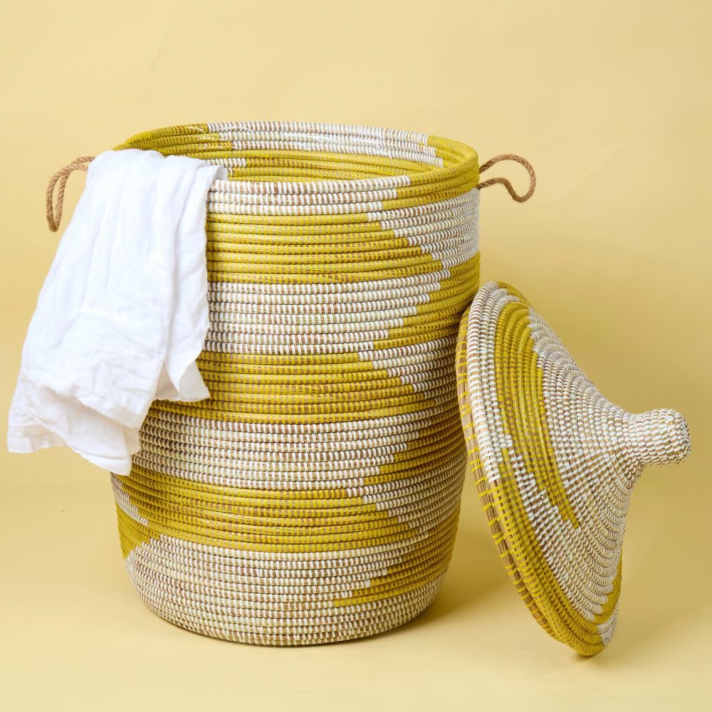 Large Wicker Basket for Storage, Colorful Round African Woven Basket, 18" W x 30" H