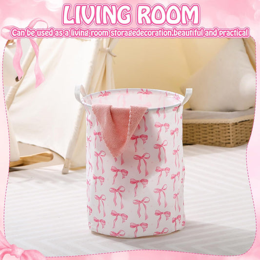 CroBlissful 1 Pcs Coquette Pink Bow Laundry Basket Pink Bow Nursery Laundry Basket Hamper Waterproof Collapsible Storage Bin Organizer for Bedroom Bathroom Room Dorm Clothes Toys