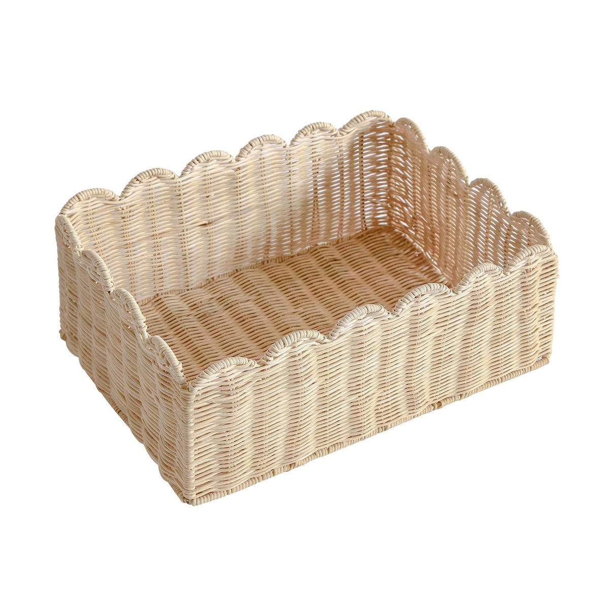 Scalloped Basket, Wicker Storage Baskets, Hand Woven Baskets for Shelves,Natural Baskets for Organizing (M-14" L x 10.5" W x 6" H)