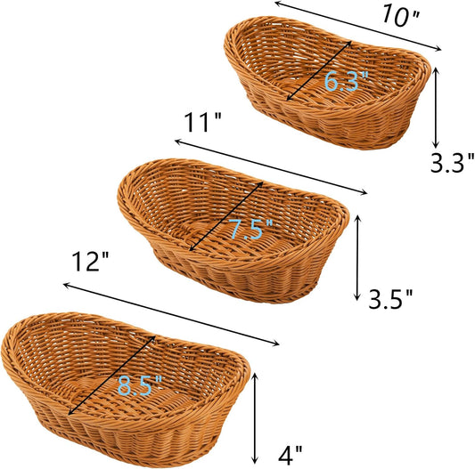 Yarlung 3 Pack Small Woven Breads Baskets, Oval Fruit Baskets Stackable Plastic Wicker Basket for Serving Vegetables, Kitchen, Restaurant, Outdoor, Imitation Rattan Brown, 3 Sizes