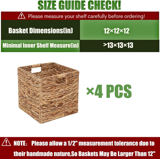 12x12in Storage Baskets 4 Pcs Water Hyacinth Basket,Foldable Storage Cubes