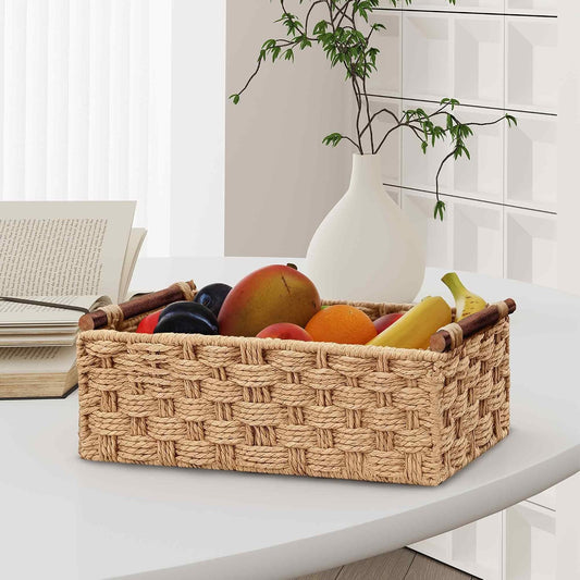 Vagusicc Wicker Storage Basket, Set of 2 Hand-Woven Paper Rope Wicker Basket for Organizing with Handle Decorative Storage Bins for Counter Shelf Table Toilet Paper Basket for Toilet Tank Top, Natural