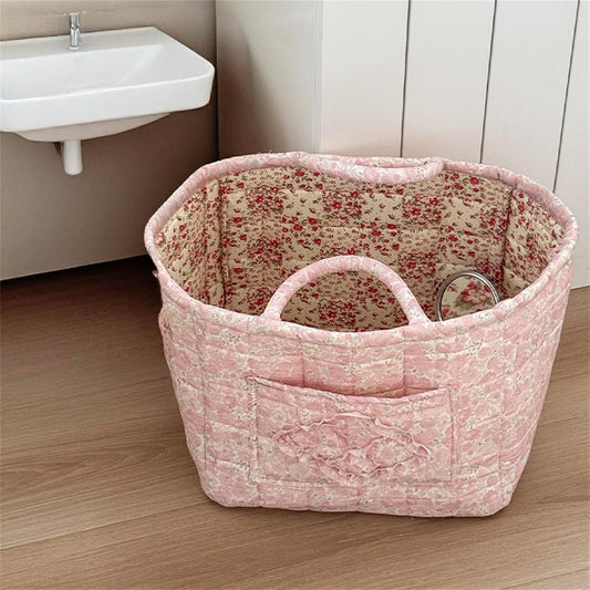 Boho Fabric Storage Basket Quilted Floral Print Baskets Organizer Bin with Handles for Home, Picnic, Shopping (Pink, L)