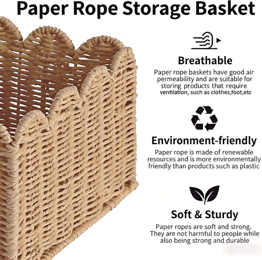 Scalloped Basket, Wicker Storage Baskets, Hand Woven Baskets for Shelves,Natural Baskets for Organizing (S+M)
