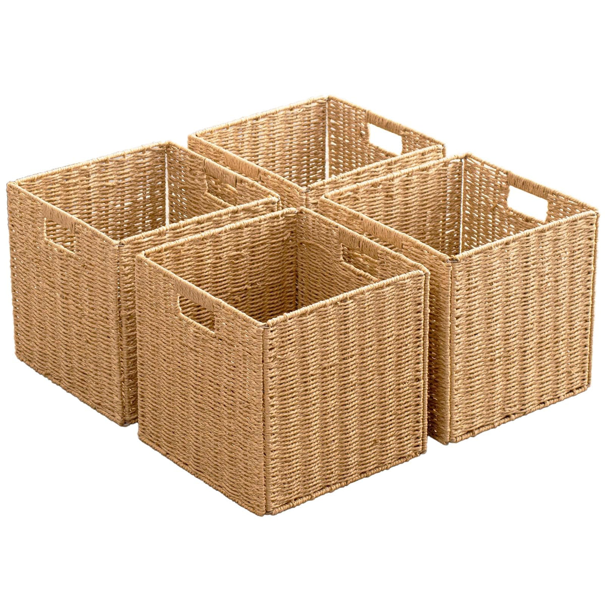 Foldable Storage Baskets with Handles Paper Rope Storage Baskets Rectangle Collapsible Hand Woven Storage Cubes Bins for Organizing Shelves Living Room Bedroom Pantry (4, 11'' x 11'' x 11'')