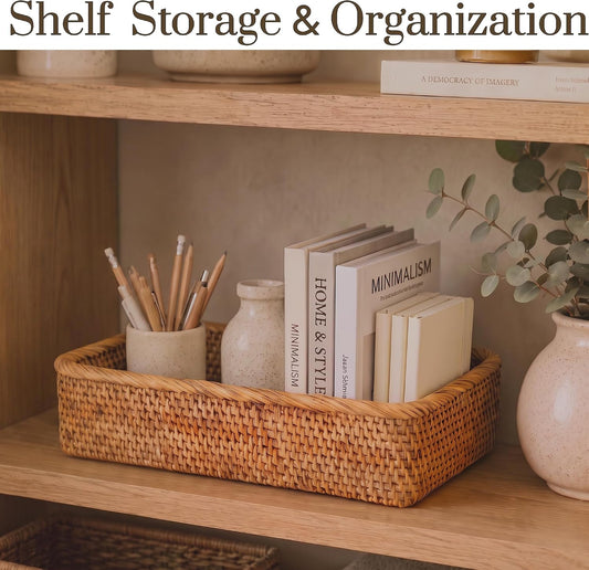 Yangqihome Natural Rattan Storage Baskets, Rectangular Woven Fruit Baskets, Decorative Wicker Basket and Small Baskets for Organizing (Set of 3)