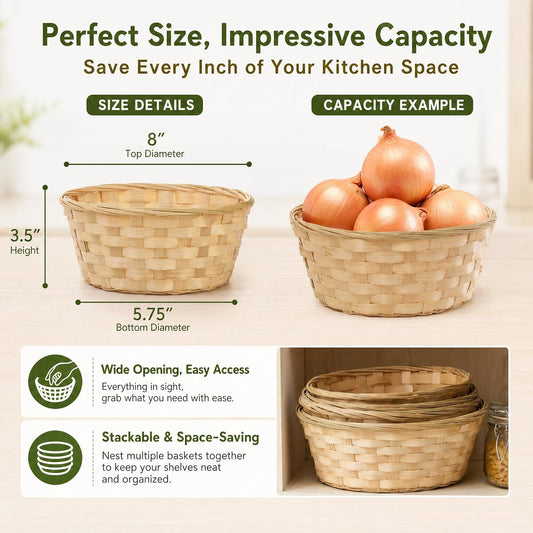 TOPZEA 10 Pack Round Gift Baskets, 8 Inch Natural Bamboo Woven Fruit Basket, Small Wicker Bread Roll Serving Basket, Food Storage Bin Handmade Baskets for Kitchen Restaurant Centerpiece Christmas