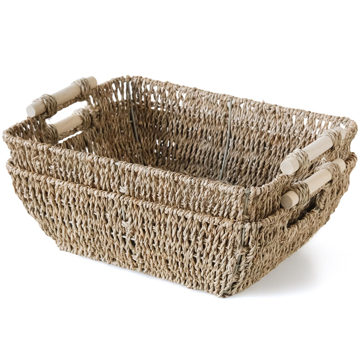 Wicker Baskets with Wooden Handles, Large Water Hyacinth Storage Baskets