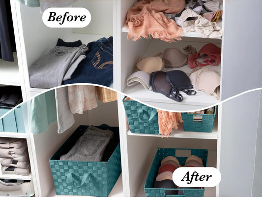 Large Blue Woven Fabric Storage Basket 13x15x10 In with Handles