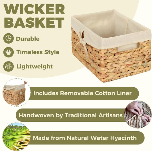 Wicker Shelf Storage Baskets for Organizing - Natural Water Hyacinth Woven Basket Organizers & Storage for Shelves w/Handles & Cotton Liner for Home & Pantry Decor Organization, 12.5” x 8” x 6.5”
