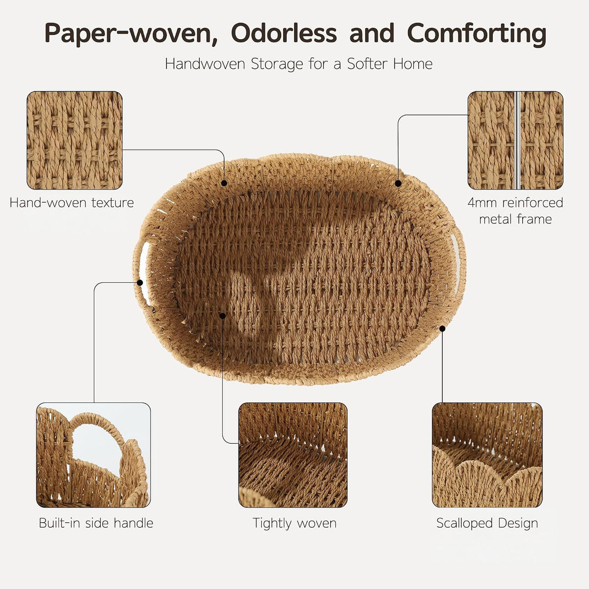 Endymion Set of 2 Paper Rope Scalloped Basket, Wicker Storage Baskets