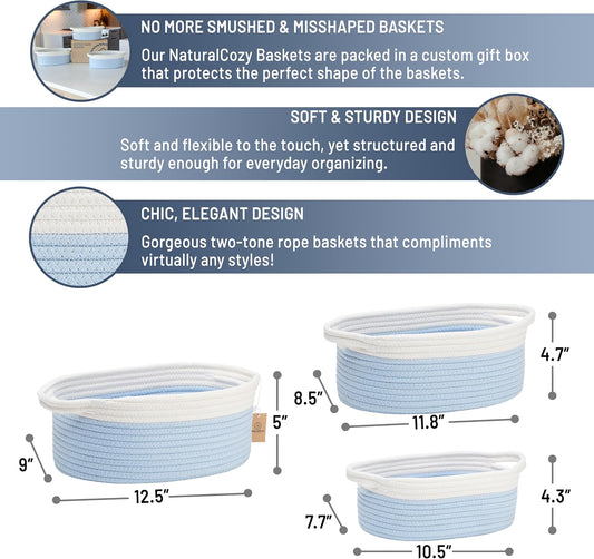 NaturalCozy 3-Piece Oval Storage Basket Set– Cotton Rope Woven Baskets for Storage, Gift Basket Empty, Toy Basket, Soft Baby Basket for Nursery, Cat Dog Toy Baskets, Small Basket (Off White & Blue)