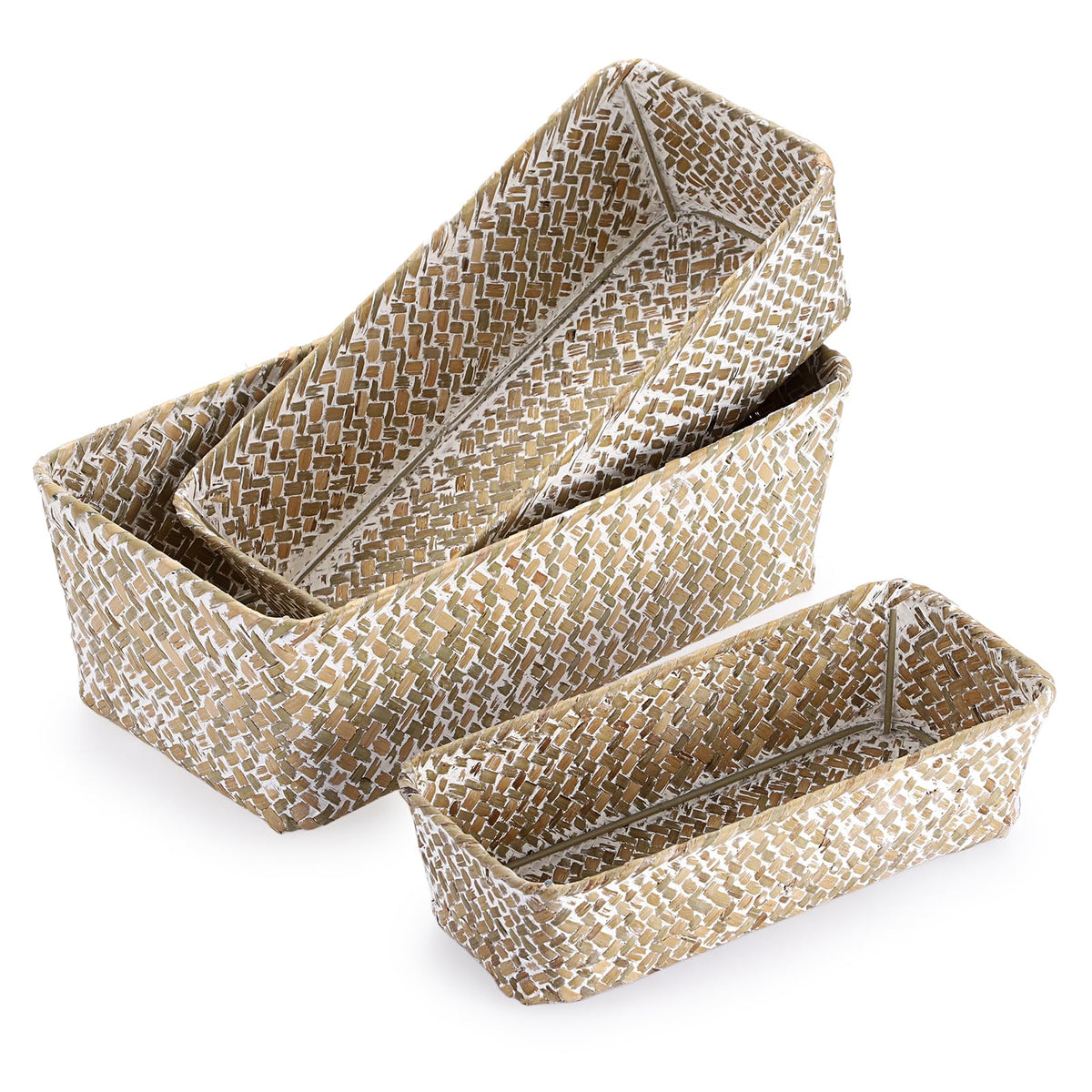 3 Natural Wicker Basket Set Rectangular Seagrass Basket, Caramel