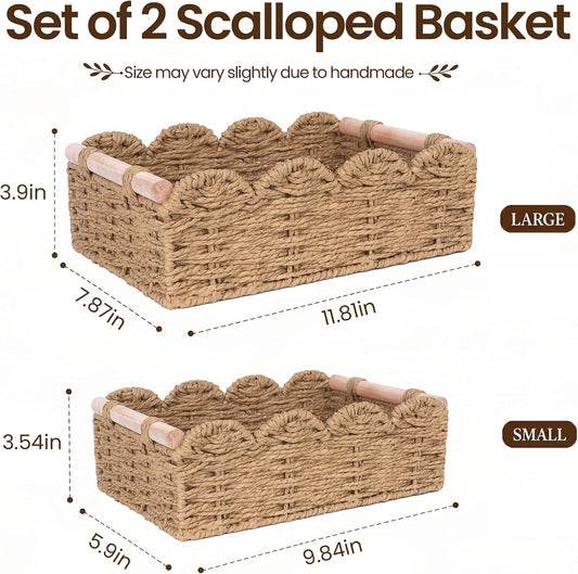 iEGrow Paper Rope Small Storage Baskets for Organizing, Set of 2 Scalloped Edge Wicker Basket with Wooden Handles Toilet Paper Basket for Over Toilet Storage Shelf, Home Decor, Living Room (Neutral)