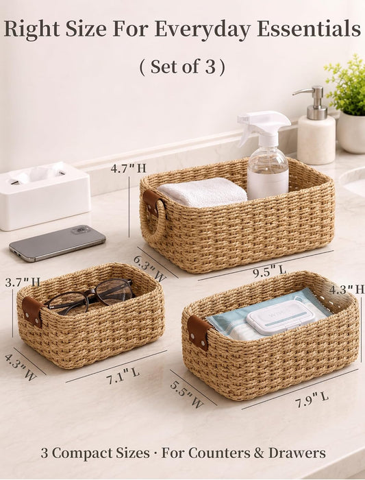 Small Wicker Baskets, 3 PCS Paper Rope Baskets for Shelves, Brown