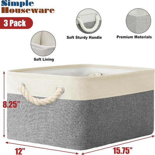 Simple Houseware 15.7" x 12" Wide & Low Fabric Storage Bin, 3 Pack, Gray