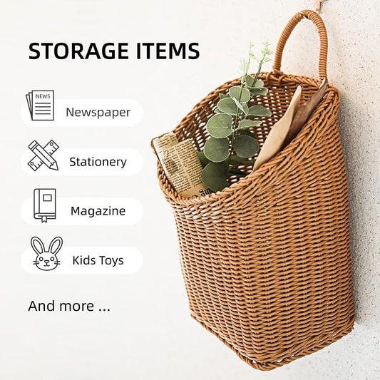 Woven Hanging Wicker Basket for Door, Handmade Rattan Hanging Wall Baskets for Garden Farmhouse Home (Brown)