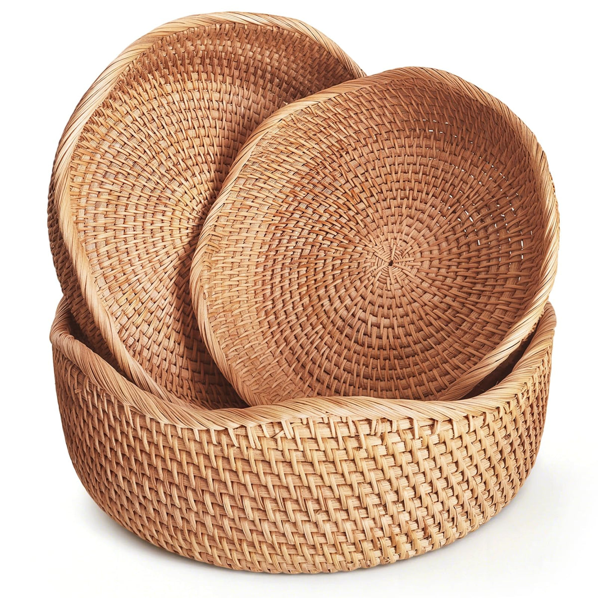 Handwoven Rattan Fruit Basket Set, Round Wicker Bread Baskets for Serving