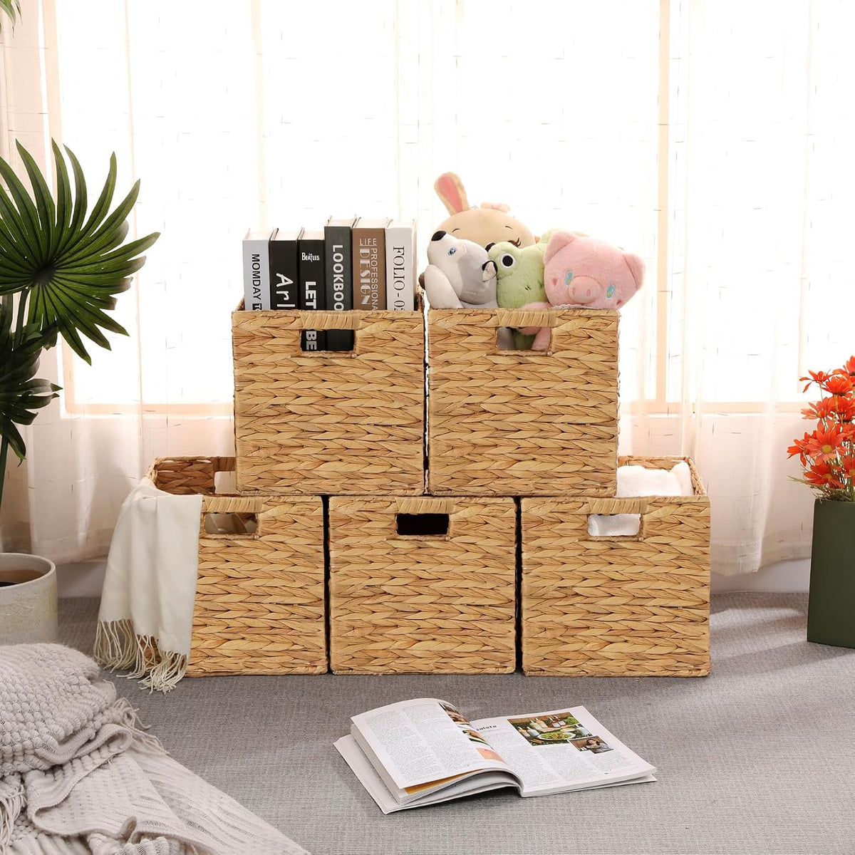 11x11in Wicker Storage Baskets Set of 5 Collapsible Water Hyacinth Basket