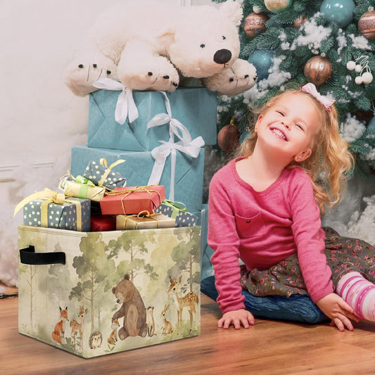 Forest Animal Nursery Storage Bins Box with Handles, Bear Deer Fox Bunny Woods Animal Laundry Basket Hamper Collapsible Clothes Toys Organizer for Toddler Kids Room Playroom