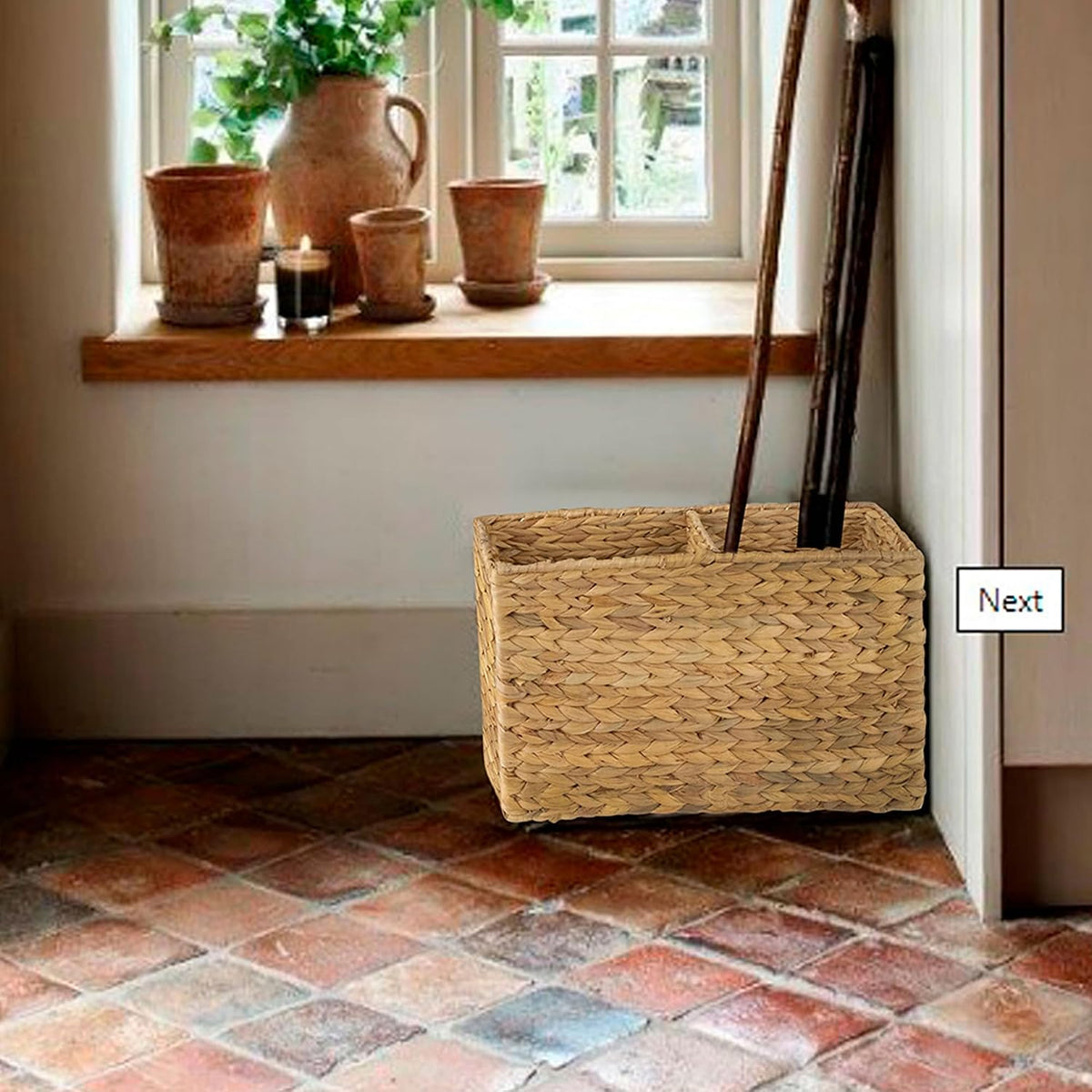 PEMAR Rolling Wicker Storage Basket Set of 2 Natural Water Hyacinth & Seagrass Bins on Wheels with Removable Divider & Insert Handles Nesting Design for under Desk, Home & Office Organization