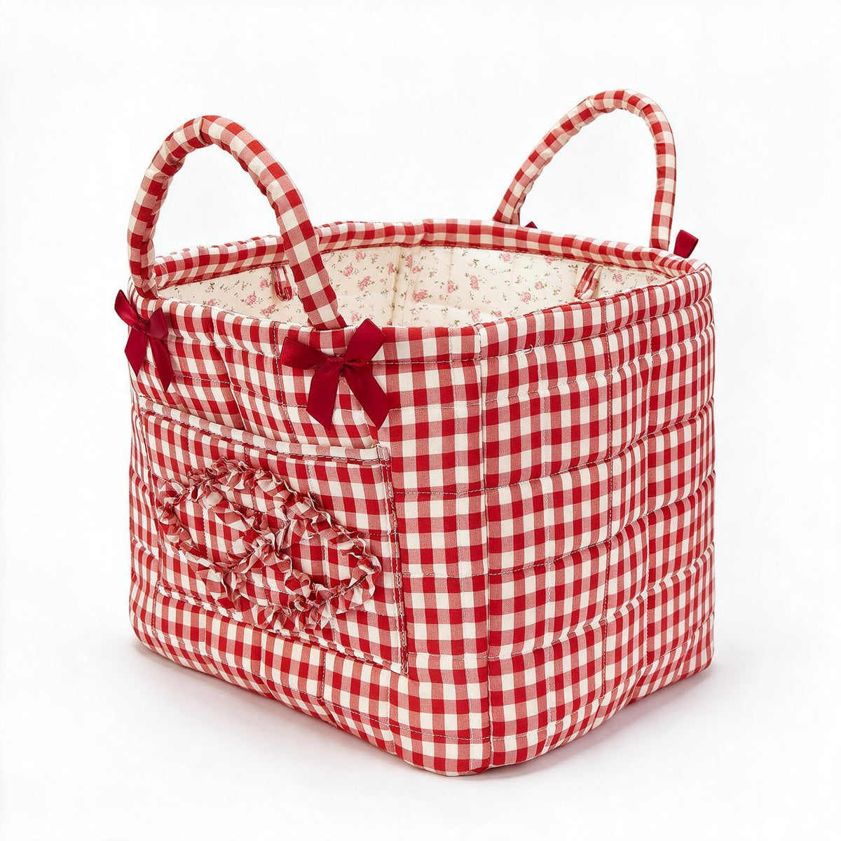 Quilted Laundry Basket with Handles—Multifunctional Fabric Storage Basket, Bohemian-Style Fabric Storage Basket with Handles, Suitable for Home, Picnics, the Office, and the Nursery (Red floral print)