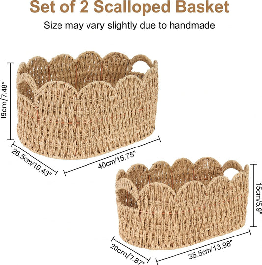 iEGrow Paper Rope Scalloped Basket, Set of 2 Woven Storage Wicker Baskets with Handle for Organizing and Shelves, Cute Boho Oval Baby Baskets for Decor, Towel, Toys, Nursery, Book, Gift Natural