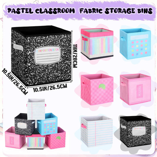 Kathfly 6 Pcs 11" Fabric Classroom Storage Bins Cubby Baskets, Pastel