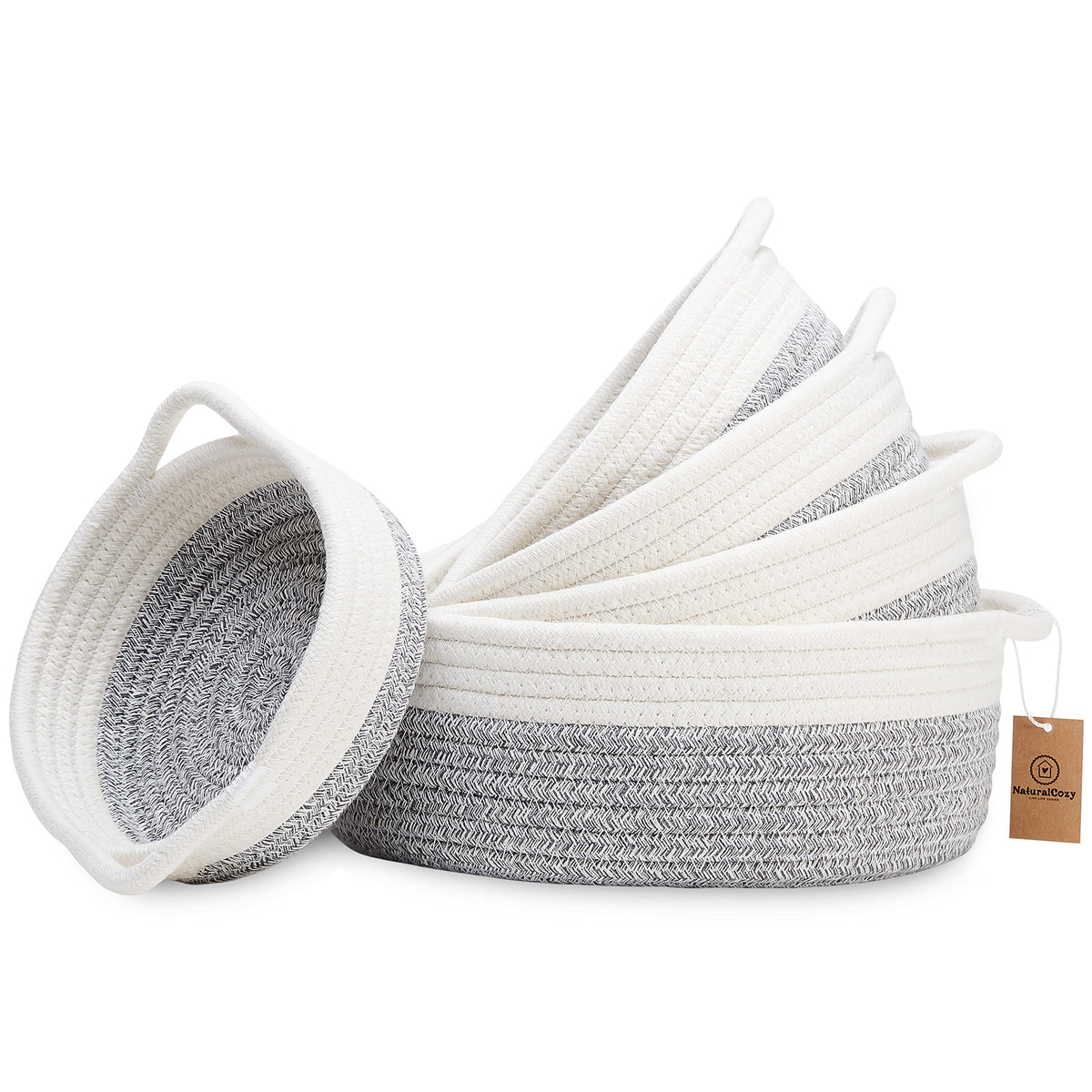 5-Piece Round Woven Cotton Rope Storage Baskets for Organizing, Small Shallow Nesting Set for Montessori Toys, Entryway Catchall, Fruit Bowl, Key Tray, Remote Holder, Nursery & Pet Toys