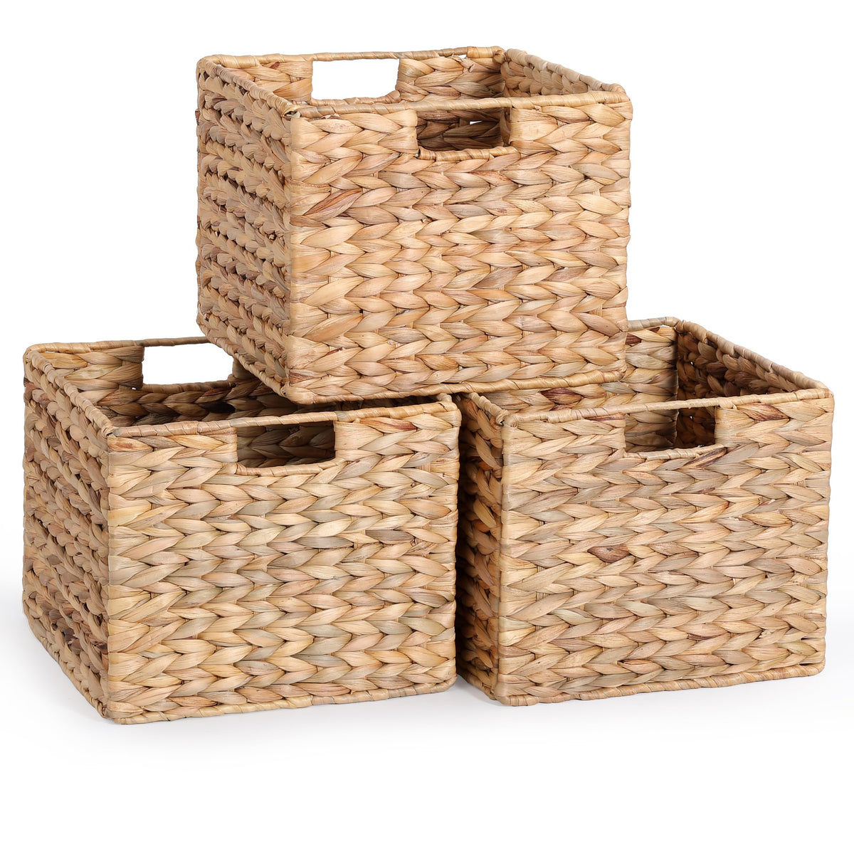12x12x10in Water Hyacinth Storage Basket Large, Folding Cube Woven Wicker Storage Basket for Shelves, Pantry Baskets Organization and Storage, Kitchen Storage Baskets, Large Rattan Basket Set of 3