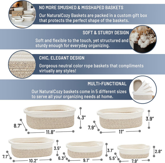 NaturalCozy 5-Piece Rectangle Storage Basket Set- Natural Cotton Rope Woven Baskets for Organizing! Small Basket for Montessori, Baby Nursery, Dog Toy Baskets, Cat Toy Box, Bathroom Organization Bin