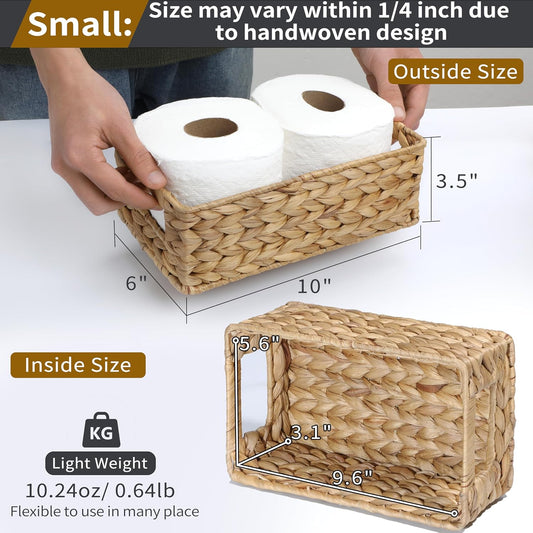 4 Small 3.6 QT Water Hyacinth Wicker Baskets for Shelves, 10" Long Woven Pantry Organizers and Storage Basket, Decorative Ratten Shallow Rectangle Baskets for Organizing Countertop Bathroom