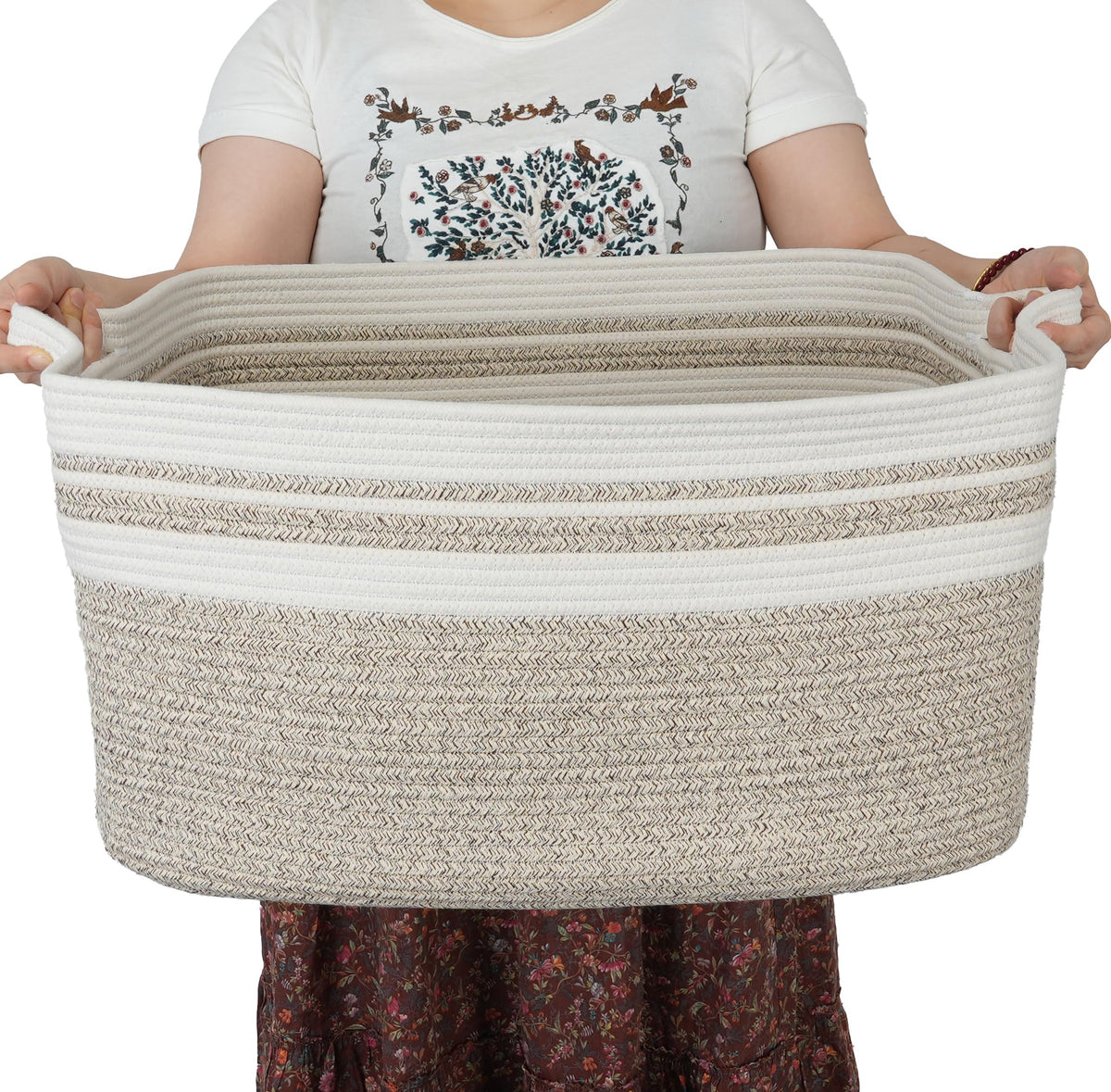XUANGUO Large Rectangle Woven Cotton Rope Blanket Basket 22"x17"x12" White