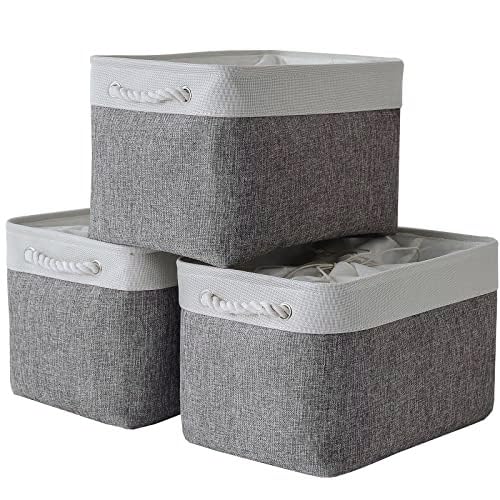 TheWarmHome Storage Basket for Organizing - 14x10x7 inch Medium 3 Pack Collapsible Storage Bin for Shelves with Handles, Canves Storage Box for Organizer Cubes Cloth Gift Toy Closet (White & Khaki)