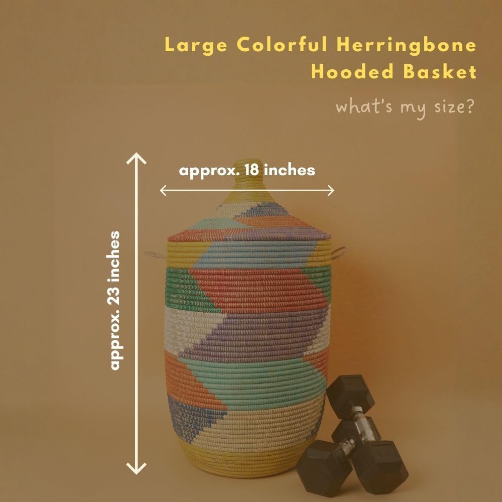 Large Wicker Basket for Storage, Colorful Round African Woven Basket, 18" W x 30" H