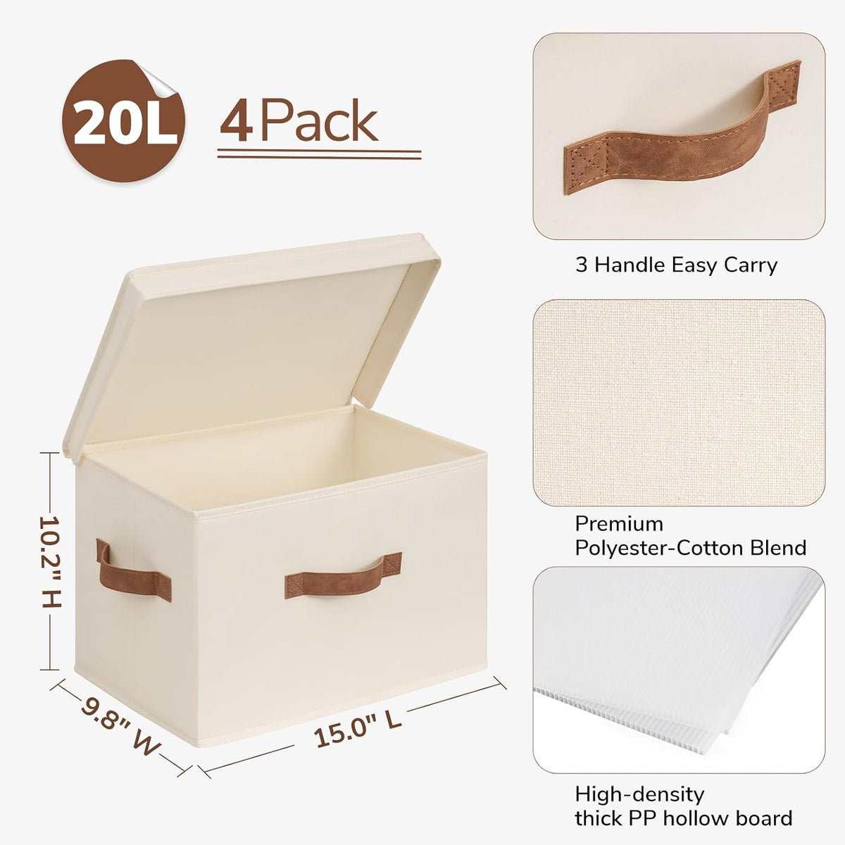 CHICVITA 4-Pack Medium Fabric Storage Baskets with Lids for Shelves,Ivory