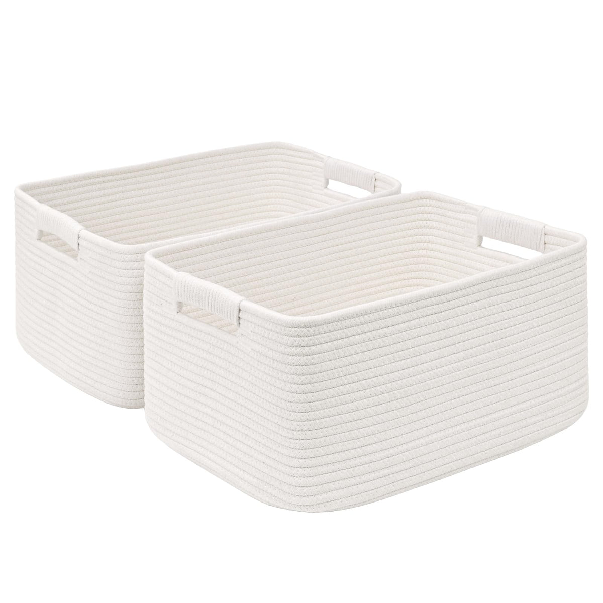 2 Pack Large Storage Basket for Organizing, 17.5"x13"x7" Woven Basket for Shelves, Closet Cube Storage Bins with Wrapped Handle, Cotton Rope Baskets for Kitchen, Clothes, Toys(Off White & Brown)
