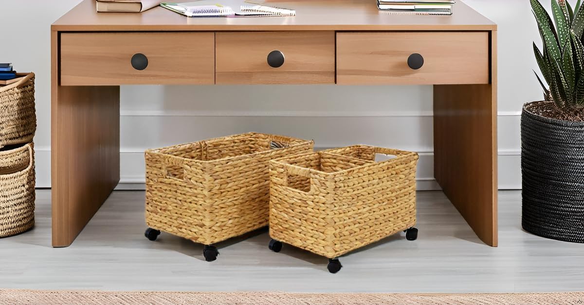 PEMAR Rolling Wicker Storage Basket Set of 2 Natural Water Hyacinth & Seagrass Bins on Wheels with Removable Divider & Insert Handles Nesting Design for under Desk, Home & Office Organization