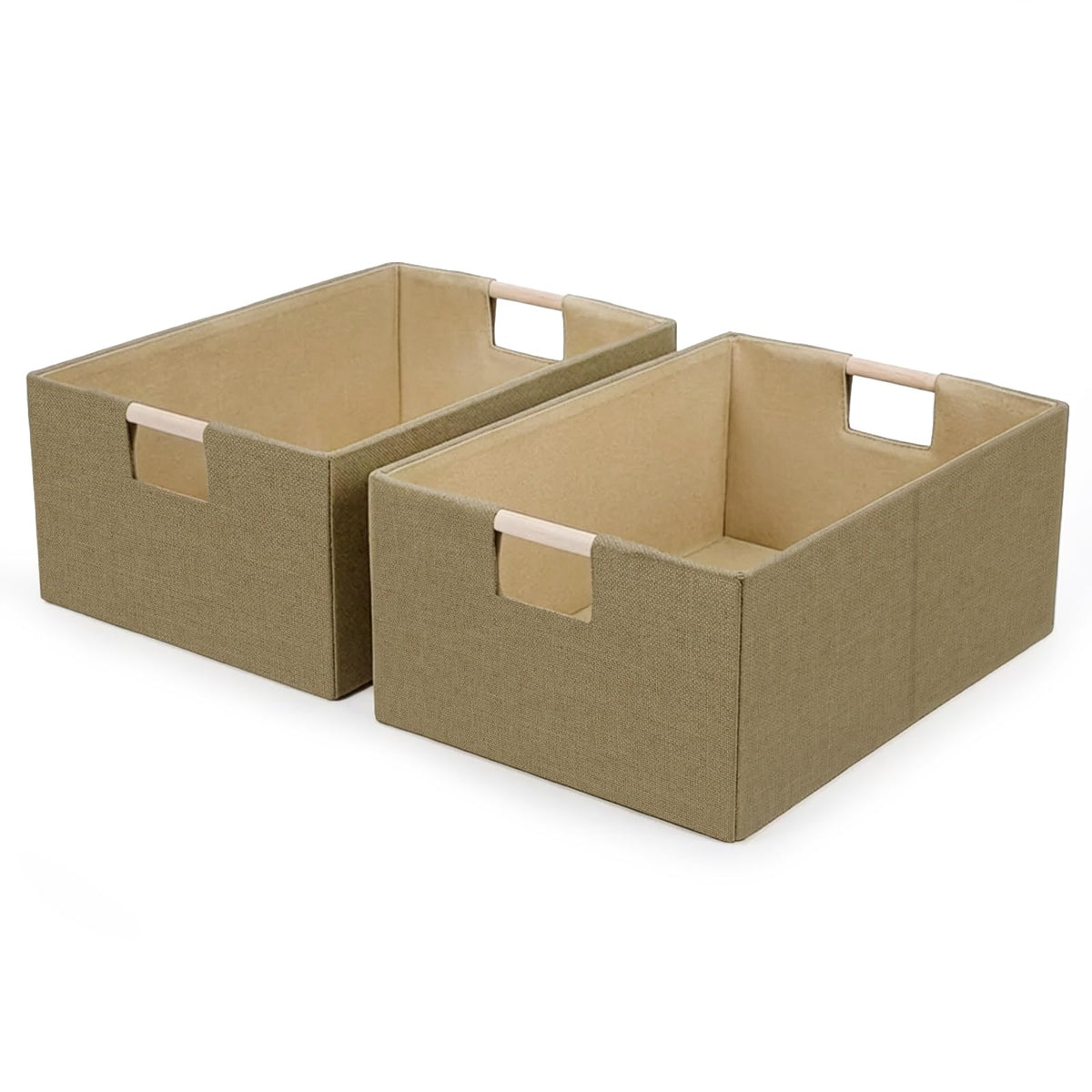 Foldable Fabric Storage Cubes, 2 Packs Cloth Storage Baskets with Wooden Handles, Collapsible Shelf Closet Organizer Bins, Rectangular Storage Boxes for Decor (Beige 2 Pack)