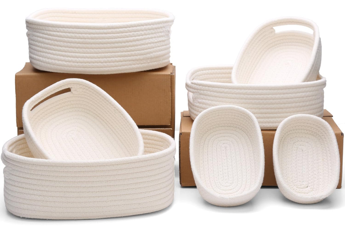 7 Piece Cotton Rope Woven Basket Set - Small Basket for Baby Nursery, Pets, Montessori, Dog & Cat Toy Boxes, Bathroom Organization Bins (White/Gray)