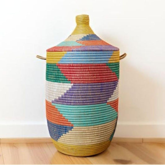 Large Wicker Basket for Storage, Colorful Round African Woven Basket, 18" W x 30" H