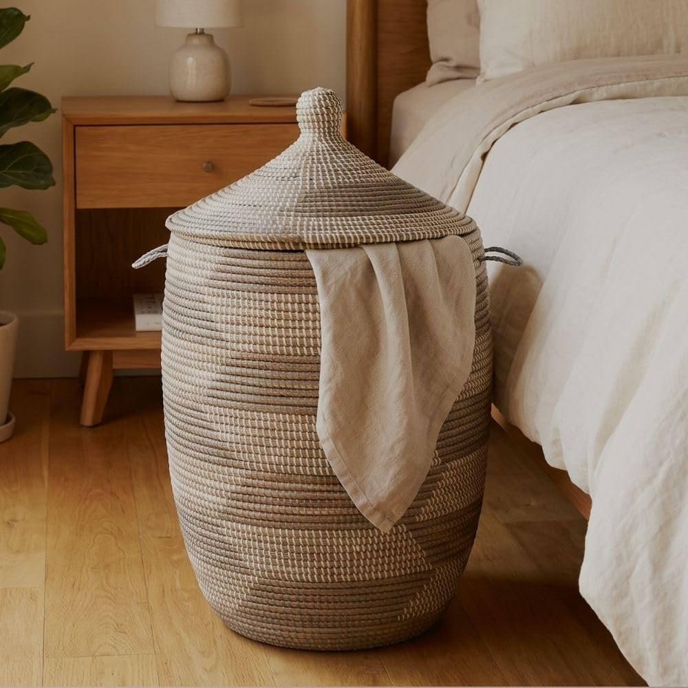 Large Wicker Basket for Storage, Colorful Round African Woven Basket, 18" W x 30" H