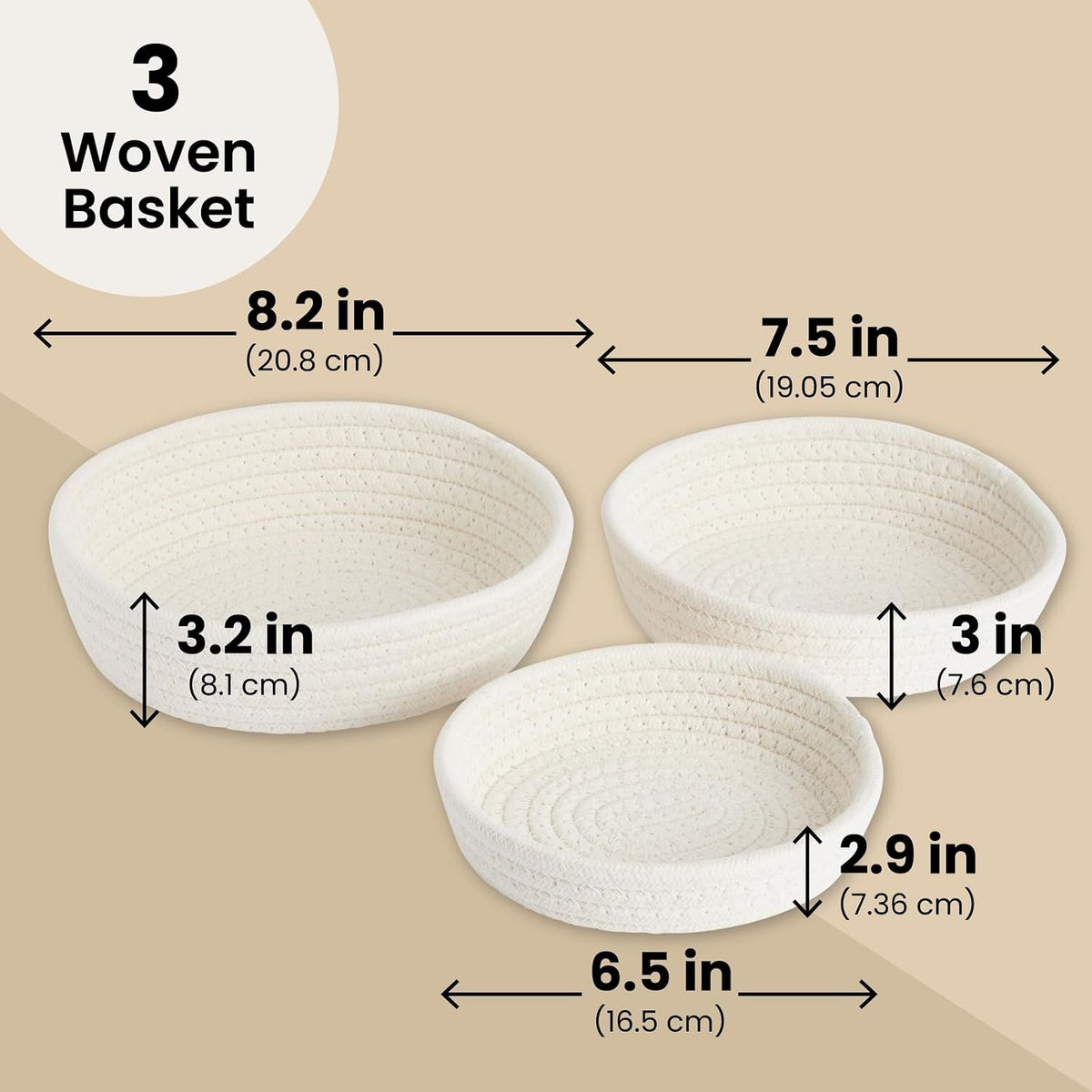 Juvale Small Round Cotton Rope Storage Baskets - Nesting Storage Bin Pack - Cotton Woven Basket for Home Organizing - White, Pack of 3, 6.5 x 2.9 in/7.5 x 3 in/8.2 x 3.2 in