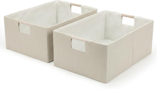 Foldable Fabric Storage Cubes, 2 Packs Cloth Storage Baskets with Wooden Handles, Collapsible Shelf Closet Organizer Bins, Rectangular Storage Boxes for Decor (Beige 2 Pack)