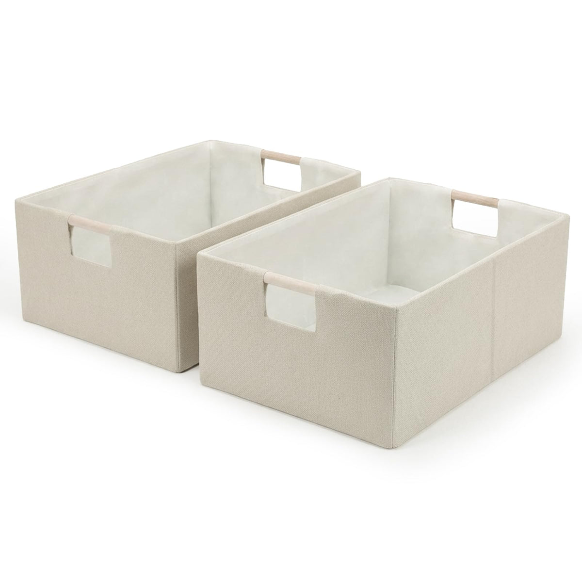 Foldable Fabric Storage Cubes, 2 Packs Cloth Storage Baskets with Wooden Handles, Collapsible Shelf Closet Organizer Bins, Rectangular Storage Boxes for Decor (Beige 2 Pack)